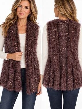 Mechant Brownish Purple Sequin Fuzzy Eyelash Knit Open Front Vest Boho